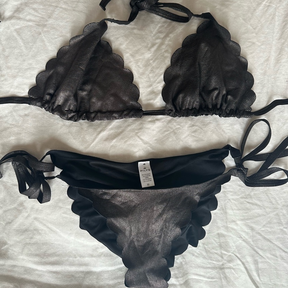 PILYQ Swim Brown Metallic Scalloped String Bikini SET